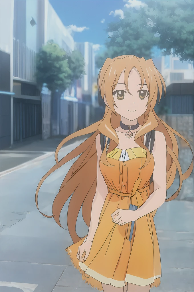 kouko, 1 girl, Alone, long_cabhelo, short_cabhelo, abcerada_boca, Brown_cabhelo, dress_blue_ciheo, Brown_eyes, jewelry, aboveper_body, braid, outdoor, collar_white, orange_cabhelo, alternate_cabhelostyle, during, cabhelo_above, smiling, look_toward_he_Forehead_their_eyes