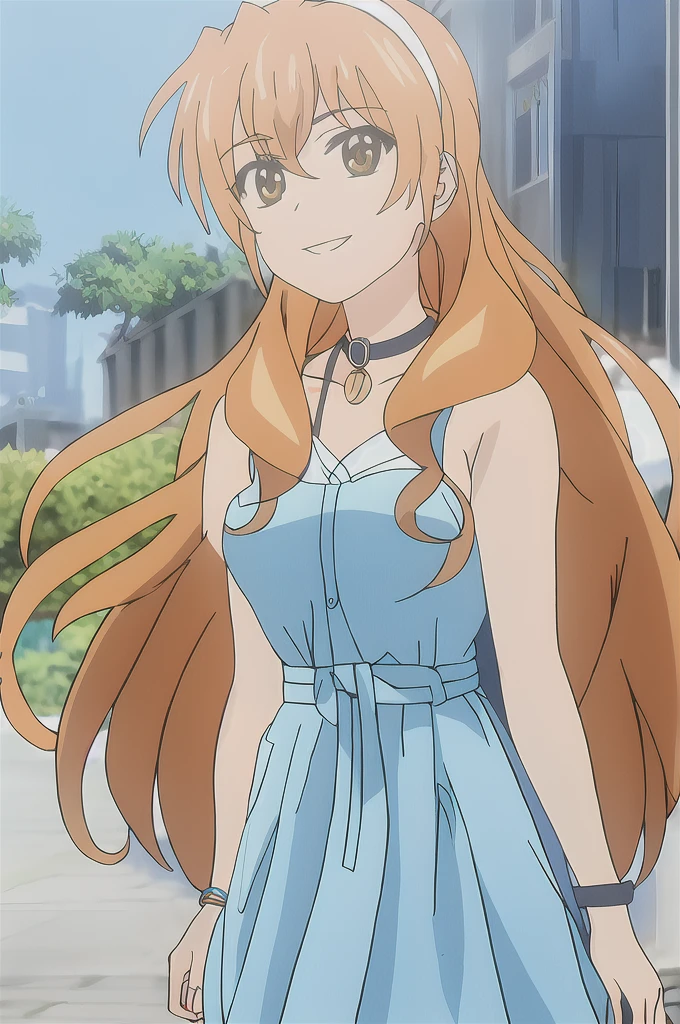 kouko, 1 girl, Alone, long_cabhelo, short_cabhelo, abcerada_boca, Brown_cabhelo, dress_blue_ciheo, Brown_eyes, jewelry, aboveper_body, braid, outdoor, collar_white, orange_cabhelo, alternate_cabhelostyle, during, cabhelo_above, smiling, look_toward_he_Forehead_their_eyes