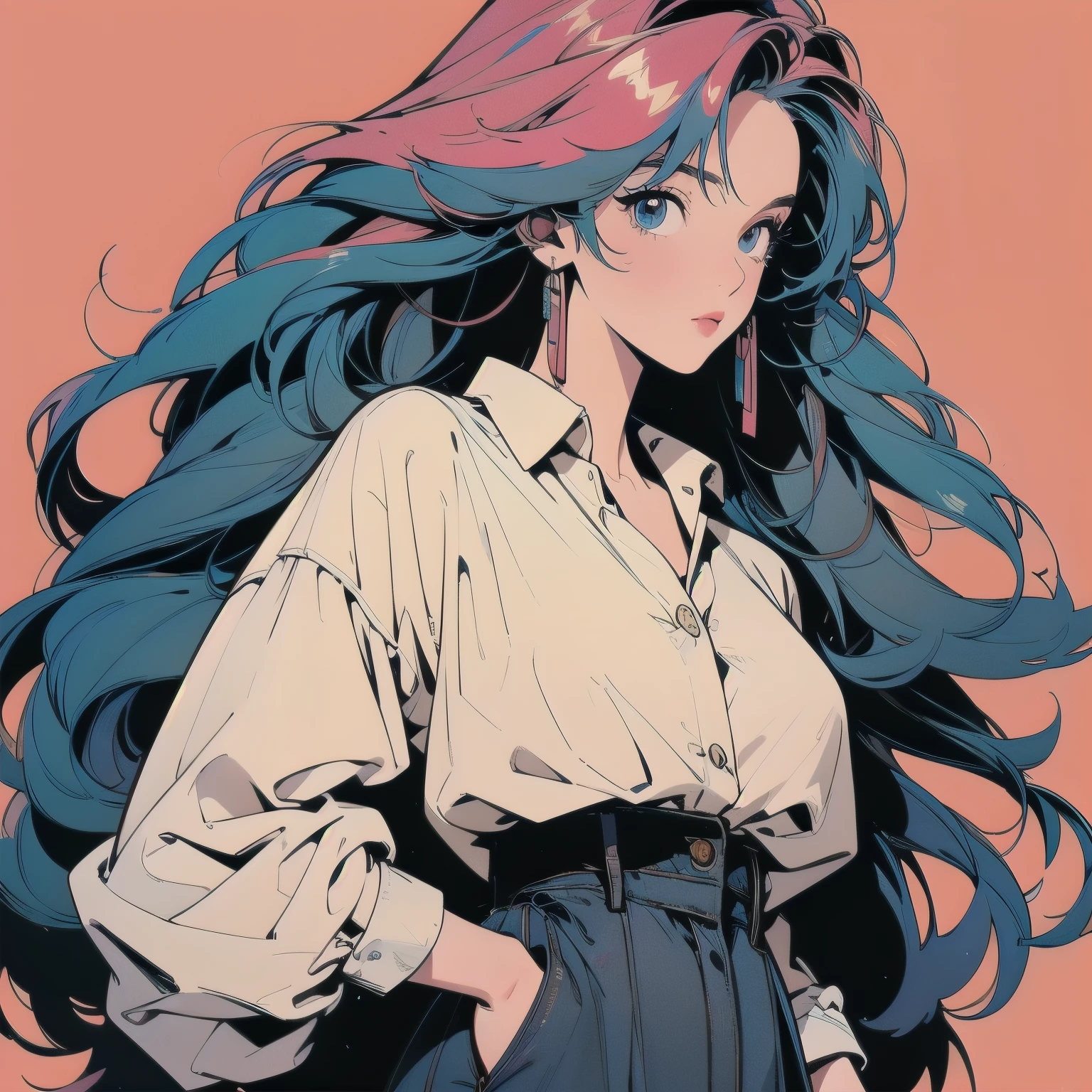 masterpiece, ultra high resolution, extremely detailed, 1 Girl, 32k, Full Length, Top, Messy Room, Apartment, One Girl, 4k, Warm Colors , Mysterious, Skirt, white Blouse, Faint Lighting, extremely detailed Hair, extremely detailed Perfect Face, 80's Fashion, Retro Colors, Top Quality, detailed Background, Complex Background, Sunset, Hair color mixed with various colors, (((Anime)))