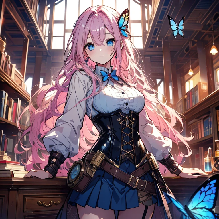 1 girl、Mature、Ample breasts、Pink Hair、Long Hair、steampunk outfit、Miniskirt、corset、Goggles on forehead、Steampunk Library、Large window on the ceiling、Blue Butterfly、blue sky、Curly Hair、Light blue eyes、High resolution、Highest quality