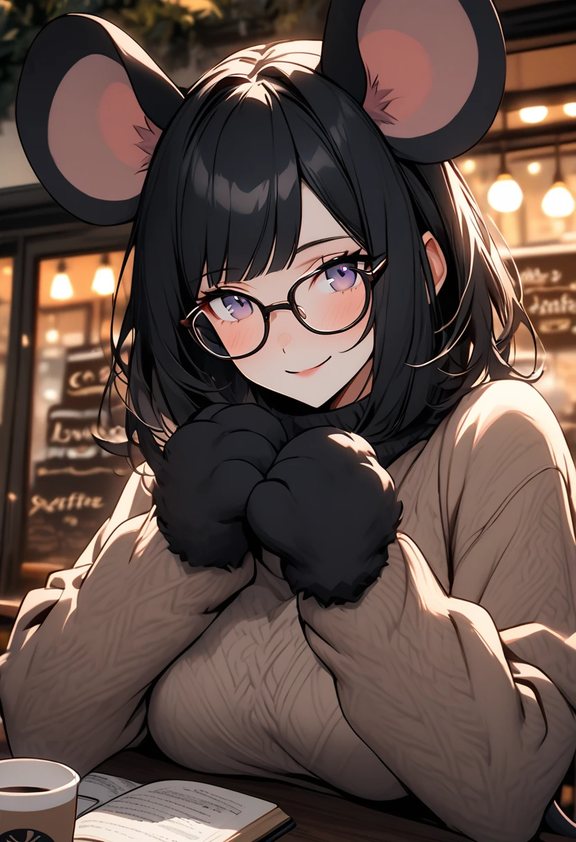 solo, female, close up, mouse girl, mouse tail, black furry hands, mouse arms, large mouse ears, black hair, black eyes, slim, short hair, straight bangs, violet eyes, glasses, large breasts, cafe, coffee, book, winter outside, comfy, loving smile, hipster,