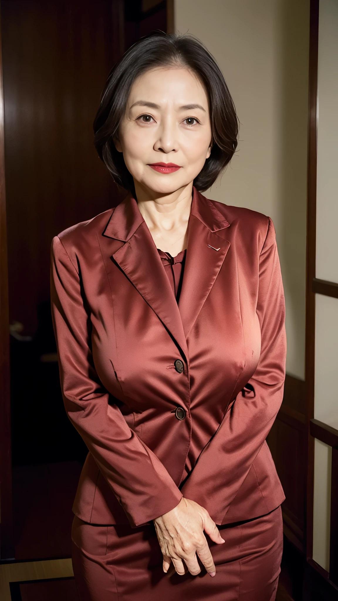 Masterpiece, Depth of written boundary, ((Great focus)), gravure, 32K, Beautiful finish, Japanese, Beautiful woman、70-year-old woman、High Career, Corporate Executive, Photo of your ID、Long face, Big Brlips, Thin lips, business suit、Round 1, Light from the front,