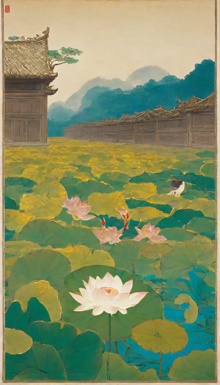 lotus flower, and a bird in the distance, by Miao Fu, by Jin Nong, heise jinyao,