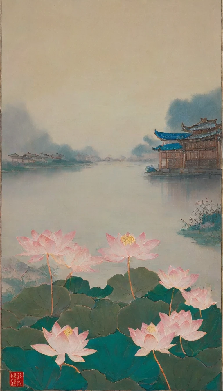 lotus flower, and a bird in the distance, by Miao Fu, by Jin Nong, heise jinyao,