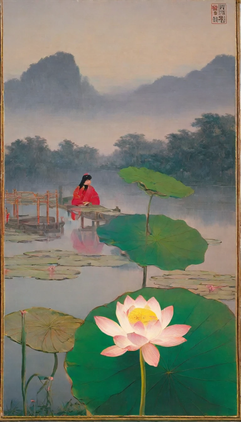 lotus flower, and a bird in the distance, by Miao Fu, by Jin Nong, heise jinyao,