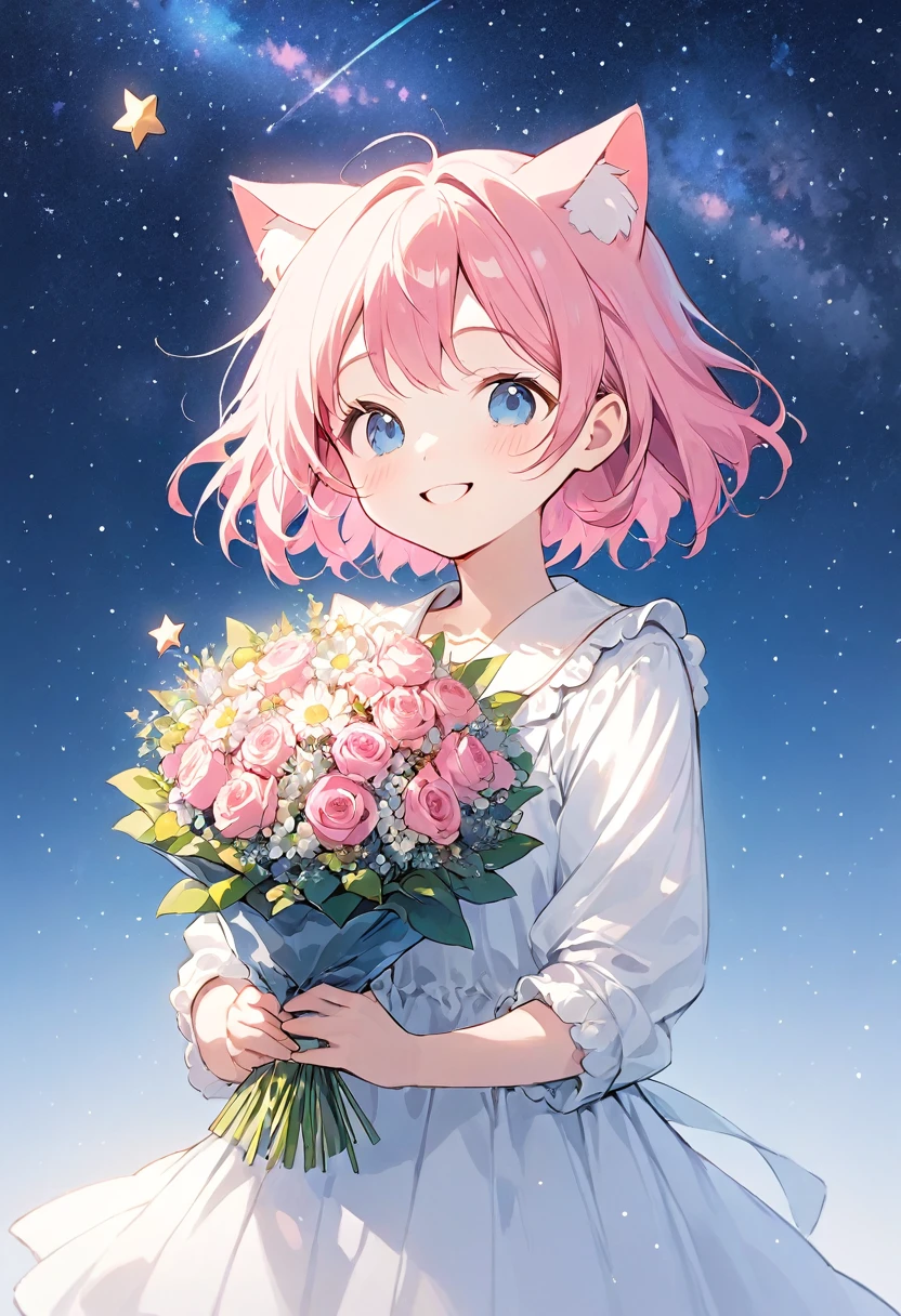 masterpiece, Highest quality, White background,Simple Background,
One girl, solo, Pink Hair,Cat ear, happy, Stars in the Sky,smile,Holding a bouquet