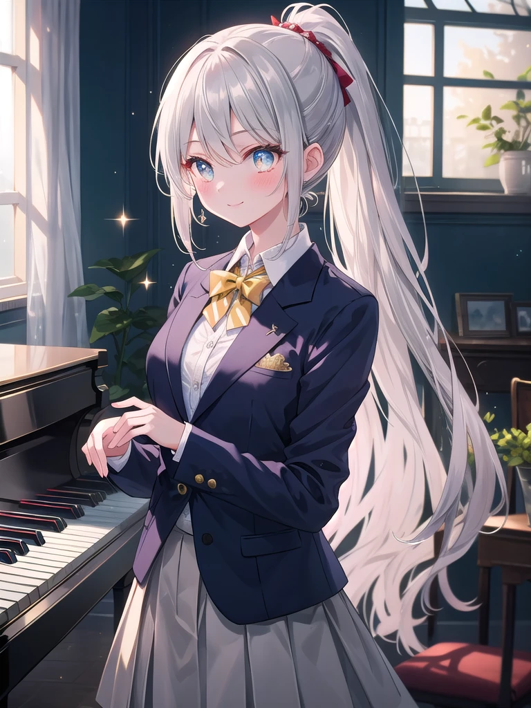 (8K, Highest Quality, Masterpiece:1.3)), Ultra High Resolution, (One Girl, One Person), (Color Changing Eyes, Super Detailed, Expressive Sparkle, Sparkling, Glowing Eyes), Highly Detailed Eyes, Highly Detailed Face, Random Hair, (Silver Gray Color), "Woman wearing a blazer with a low neckline". The background is a school music room, a quiet space with a piano and sheet music lined up. It is after school hours, and the light coming in through the window brightens the entire music room. The woman is captured at an angle that emphasizes her upper body, and her silver hair is tied in a ponytail.

She is wearing a navy blue blazer with a low neckline. The V-shaped cut of the blazer emphasizes her chest, and a cute yellow bra can be seen underneath. The bra has a small floral design, and the fabric of the blazer fits her body. The skirt of the uniform is above the knees, and the front of the blazer seems to be slightly open.

She has a relaxed smile on her face, with a slight blush on her face. Her figure blends in with the tranquil atmosphere of the music room, and the lighting in the background adds a soft glow to the whole image.