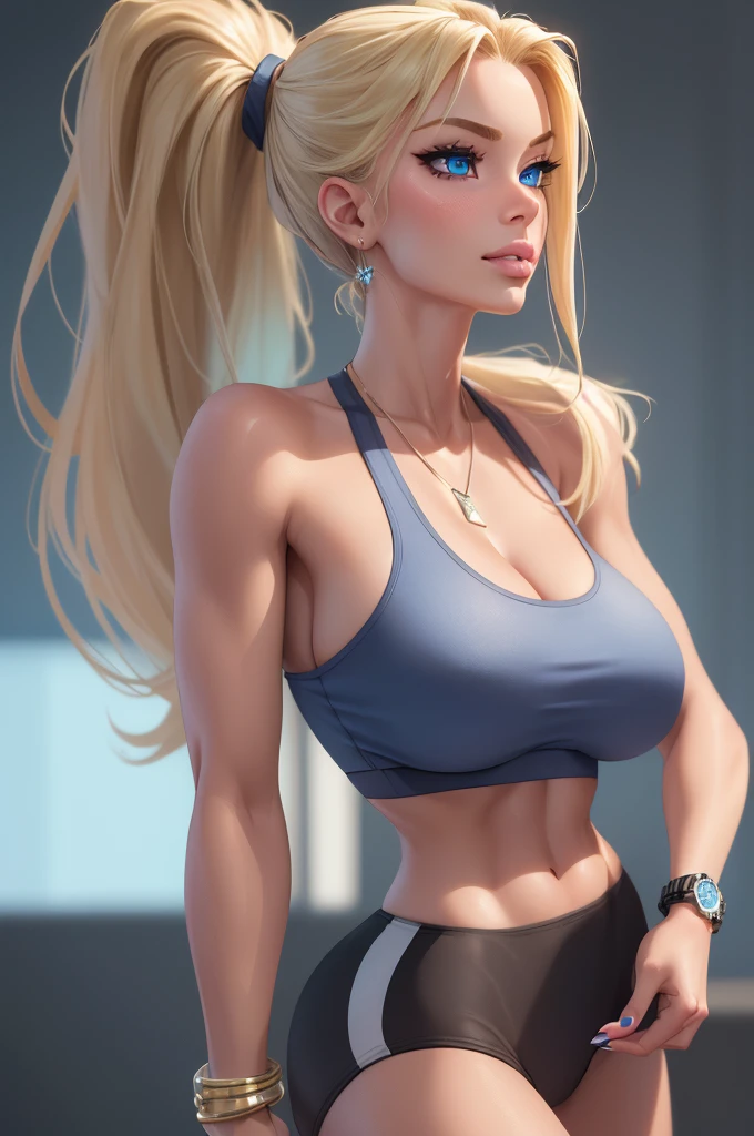 (masterpiece, best quality, ultra-detailed, highres, 4k),(beautiful detailed eyes),(very detailed face),(1girl),HDR,long hair, blue eyes, blonde hair, bracelet, sports bra, jewelry, watch, lips, solo focus, nail polish, ponytail, blurry background, smirk, wristwatch, realistic ,nude