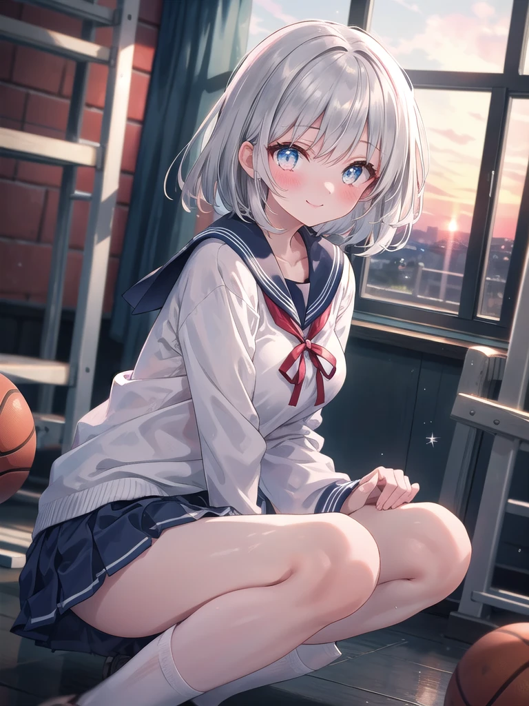(8K, Best Quality, Masterpiece:1.3)), Ultra High Resolution, (1 Girl, 1 Person), (Color Changing Eyes, Super Detailed, Expressive Sparkle, Sparkling, Glowing Eyes), Highly Detailed Eyes, Highly Detailed Face, Random Hair, (Silver Gray Color), "A Woman Wearing a Sailor Uniform with a Low Neckline." The background is a school gymnasium, a lively space with basketball courts and exercise equipment. It is after school hours, and the sunset from the window warmly illuminates the entire gymnasium. The woman is captured at an angle that emphasizes her upper body, and her silver hair is a short bob that sways with her movements.
She is wearing a white and red sailor uniform with a low neckline. The V-shaped cut of the sailor uniform emphasizes her low neckline, and a cute light blue bra is visible underneath. The bra has ribbon and lace details, and the skirt of the sailor uniform is above her knees, with a red ribbon tied at her low neckline.
She is wearing a shy smile with a slight blush on her face. Her figure blends in with the lively atmosphere of the gym, and the lighting in the background adds a soft glow to the whole image.