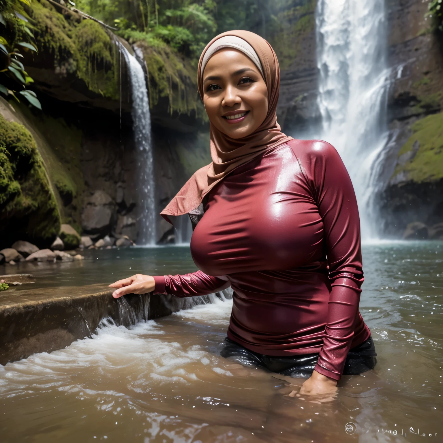 ((46 years old, Indonesian Mature woman, mature age woman, Hijab, Wearing Tight Long-Sleeve T-shirt, Wet Clothes))), ((Natural Gigantic Breast : 1.4)), casual Pose, Smiling face, Professional Photoghraphy, work By Master Of Photoghraphy, (((At Waterfall))), (((Having Bath))), Deep photo, Full body shot, 32K Best Quality photo, Ultra-high reallistic Photos.