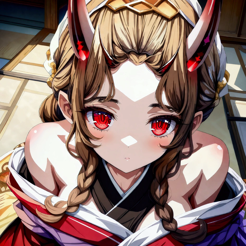(head of'artwork:1.2, best quality), (exquisite eyes: 1.2), ((1fille)), ((bare)), (red eyes:1.4), (exquisite eyes and exquisite face:1.3), ( Fond beau et clair: 1.2), (Extremely detailed CG, Super detailed, Best Shadows: 1.1), ((depth of field)), ((aquarel)), (oni: 1.5), (kimono: 1.3), tetas grandes , Bare shoulders, fat