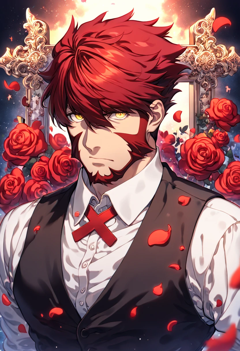 absurdres, highres, ultra detailed, HDR, master piece, best quality, extremely detailed face and eyes, Klaus Von Reinhertz, red hair, expressive yellow eyes, Kekkai Sensen, solo, sexy man, handsome, white shirt, black vest, cross, red butterflies, petals, magical, red roses, fantasy