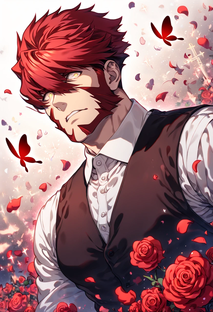 absurdres, highres, ultra detailed, HDR, master piece, best quality, extremely detailed face and eyes, Klaus Von Reinhertz, red hair, expressive yellow eyes, Kekkai Sensen, solo, sexy man, handsome, white shirt, black vest, cross, red butterflies, petals, magical, red roses, fantasy