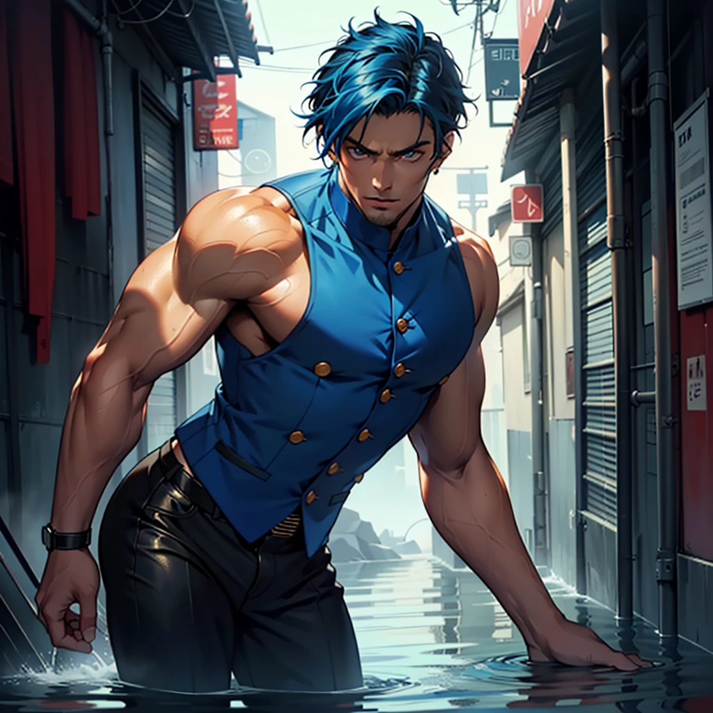 Imagen en 8k, de alta calidad, masterpiece, Best Quality, painting of ((a strikingly handsome and muscular man with short vibrant blue hair and captivating blue eyes.)), dressed in an intricate dark blue costume, vest, inspired by water, steampunk, exuding confidence, depicted in a dynamic full body pose.