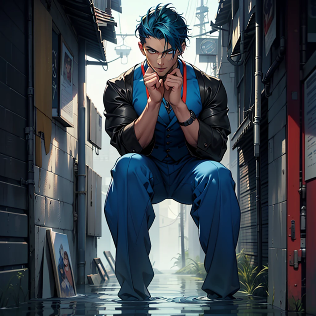 Imagen en 8k, de alta calidad, masterpiece, Best Quality, painting of ((a strikingly handsome and muscular man with short vibrant blue hair and captivating blue eyes.)), dressed in an intricate dark blue costume, vest, inspired by water, steampunk, exuding confidence, depicted in a dynamic full body pose.