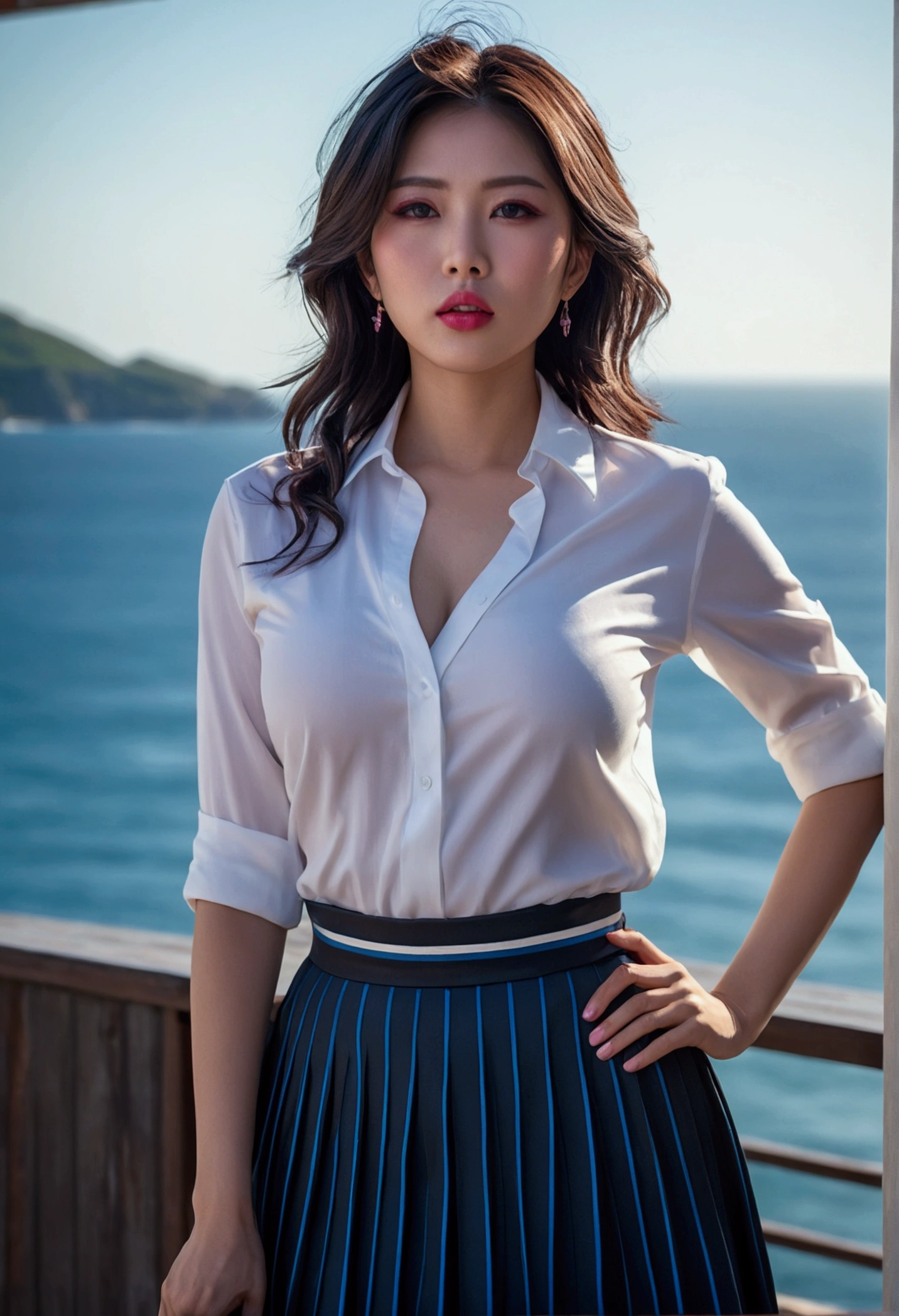 (Canon 50),(Rendered by octane),8k, seducer, symmetrical face, Dramatic cinematic lighting, Dramatic +2, hyper realist, spirited, Pose very sexy. 1 japanese woman, very sexy, breasts big, white shirt with black horizontal stripes, pleated skirt predominantly pink with shades of blue, coastal view, half-open mouth and thick lips, sultry gaze