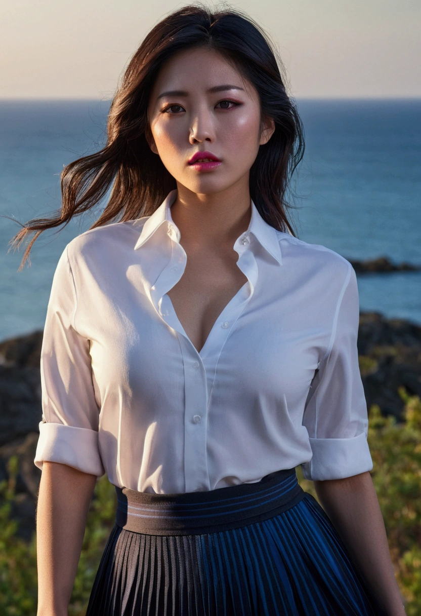 (Canon 50),(Rendered by octane),8k, seducer, symmetrical face, Dramatic cinematic lighting, Dramatic +2, hyper realist, spirited, Pose very sexy. 1 japanese woman, very sexy, breasts big, white shirt with black horizontal stripes, pleated skirt predominantly pink with shades of blue, coastal view, half-open mouth and thick lips, sultry gaze