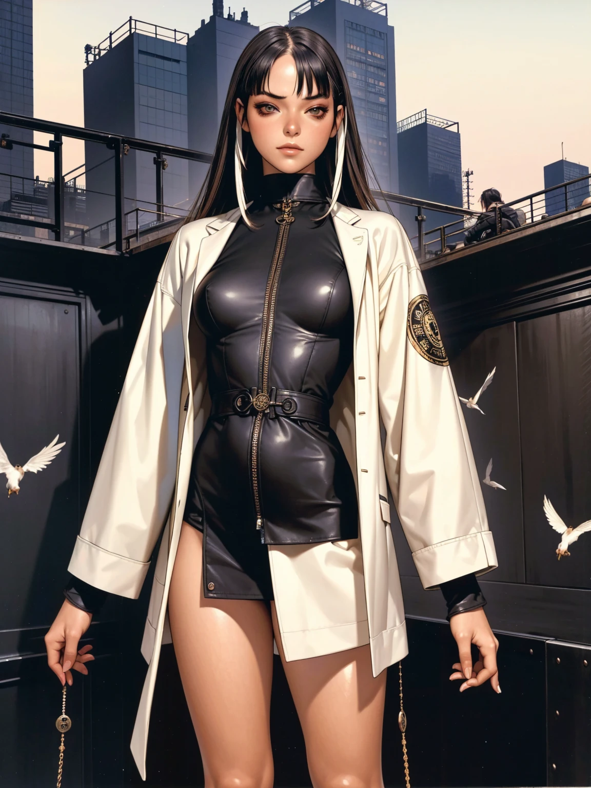 (best qualityer))), (((manga strokes))), (((black hair with short straight bangs with white highlights))), (((noise pattern))), uma Kizi jovem muito bem vestida com roupas azuis modernas de inverno, top gift vertical stripes, short jacket with dark fur collar, beautiful and expressive face, slightly-smile, big eyes with long black eyelashes, heavy make-up, chains and zippers spread across clothes, contrasting colours, pose de atitude, hair with a modern and futuristic cut, urban game poster art, dramatic camera angles, graffiti art elements in the background, design mixing contemporary and retro by Shepard Fairey, (((bird's eye))), (((best qualityer: 1.4))), (Unbeatable masterpiece), (hiper HD),(CG 8k hyper-realistic), Kizi, (((standing alone))), pirralha violent, ((())), sexly, pose de atitude, work of art, post-apocalypse, (((manga style))), bounty hunter, violent, Manic, the way you want, slenderbody, thin but strong, perfectbody, roupa moderna, advanced technology, neon, sleeves with vertical striped pattern, neutral background, (( cowboy shot )). intricate visual