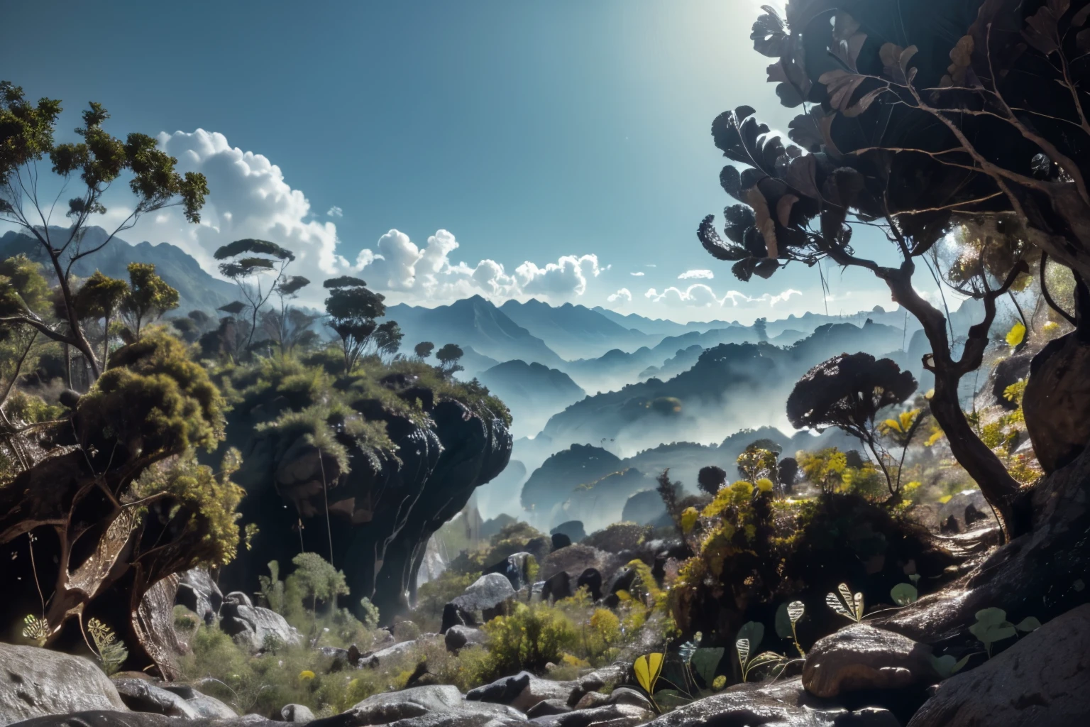 on a scenery teeming with alien strange life, on the border to a dense jungle, wide panoramic shot, 8k resolution, hyperrealistic,