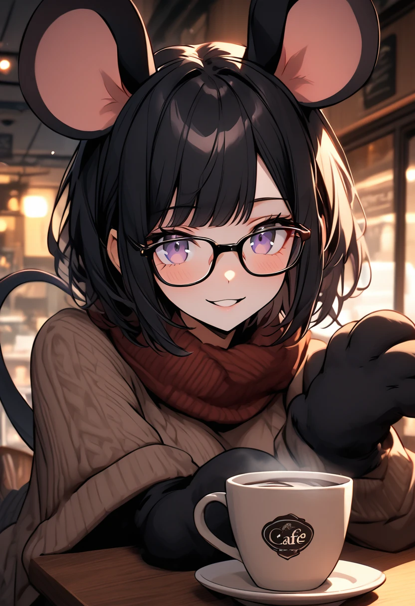 solo, female, close up, mouse girl, mouse tail, black furry arms, mouse hands, large mouse ears, black hair, black eyes, slim, short hair, straight bangs, violet eyes, glasses, large breasts, cafe, coffee, book, winter outside, comfy, beaming loving smile, hipster,