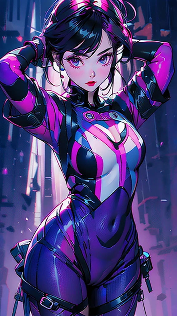 character with a bright pink suit and details in a dark purple tone. The character has short pink hair, partially covering your forehead and one eye. His eyes are big, with violet irises.
The suit is tight fitting and looks like light one-piece armor, covering the character's entire body from neck to feet.
### Suit Details:
1. **upper part:**
- The suit has a design in "in" reversed on chest and shoulders in dark purple.
- There are horizontal lines that cross the chest, also in dark purple.
2. **arms:**
- The forearms have extra protection in dark purple.
- Wears gloves that appear to have reinforced parts on the wrists.
3. **legs:**
- Knees are protected with dark purple padding.
- The thighs have a shaped design "in" inverted similar to that of the chest.
4. **HANDS AND FEET:**
- Gloves are pink with dark purple details.
- The boots are completely pink with dark purple soles.