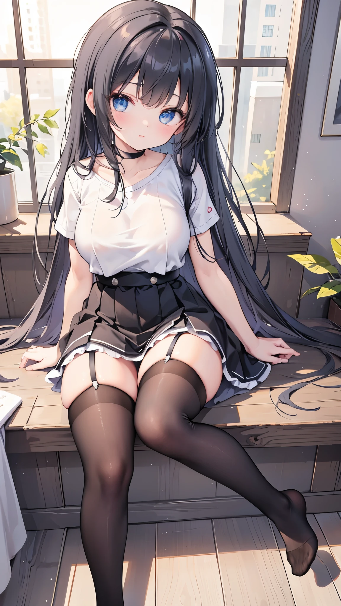 (masterpiece、Highest quality)、High resolution、Detailed face:1.2、anime(1.2)、Sharpness、4K、Private room、Top view、Looking up、A sly pose、Bending pose、、Two-dimensional beautiful girl、White T-shirt、Black thigh-high stockings、garter belt、Black ultra mini skirt、White skin、cute、Big Breasts、tits、Thick thighs、