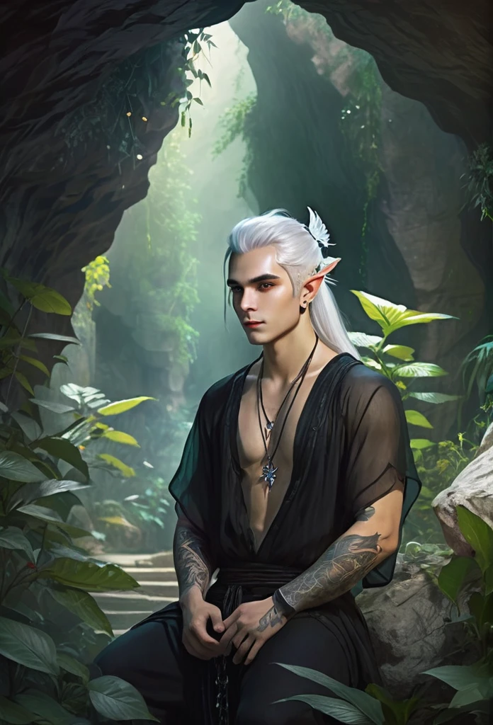 A male fairy,very handsome,young,(full body),big black translucent wings,elf ears, black open shirt,he has his white hair in a ponytail,he wears earrings,he has a tattoo on his chest,a lizard sits on his shoulder, he's in a cave,vegetation surrounding the stone-made cave,the gentle mist creates a magical and mysterious atmosphere
