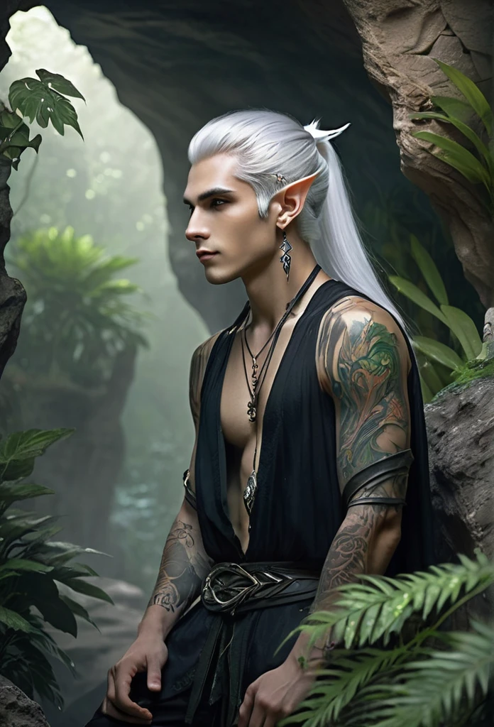 A male fairy,very handsome,young,(full body),big black translucent wings,elf ears, black open shirt,he has his white hair in a ponytail,he wears earrings,he has a tattoo on his chest,a lizard sits on his shoulder, he's in a cave,vegetation surrounding the stone-made cave,the gentle mist creates a magical and mysterious atmosphere