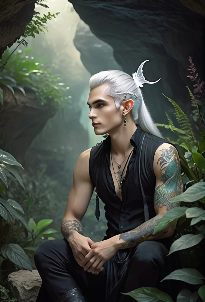 A male fairy,very handsome,young,(full body),big black translucent wings,elf ears, black open shirt,he has his white hair in a ponytail,he wears earrings,he has a tattoo on his chest,a lizard sits on his shoulder, he's in a cave,vegetation surrounding the stone-made cave,the gentle mist creates a magical and mysterious atmosphere