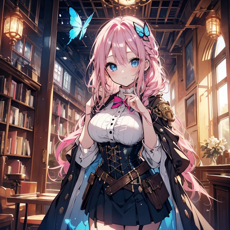 1 girl、Mature、Ample breasts、Pink Hair、Long Hair、Braid、Book in hand、steampunk outfit、Miniskirt、corset、Goggles on forehead、Steampunk Library、Large window on the ceiling、Blue Butterfly、blue sky、Curly Hair、Light blue eyes、High resolution、Highest quality