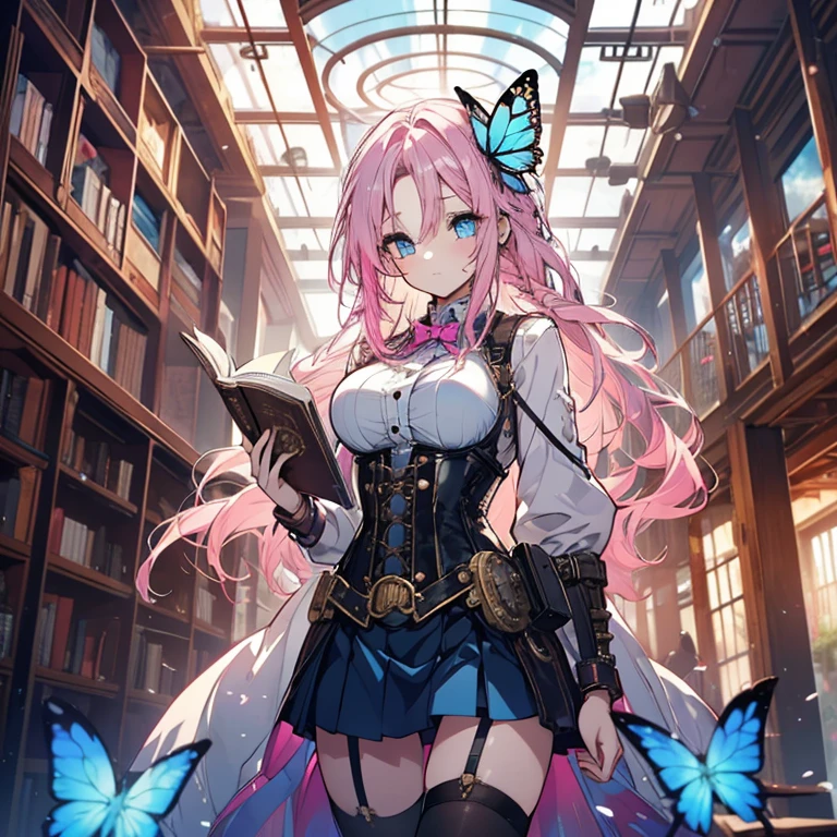 1 girl、Mature、Ample breasts、Pink Hair、Long Hair、Braid、Book in hand、steampunk outfit、Miniskirt、corset、Goggles on forehead、Steampunk Library、Large window on the ceiling、Blue Butterfly、blue sky、Curly Hair、Light blue eyes、High resolution、Highest quality