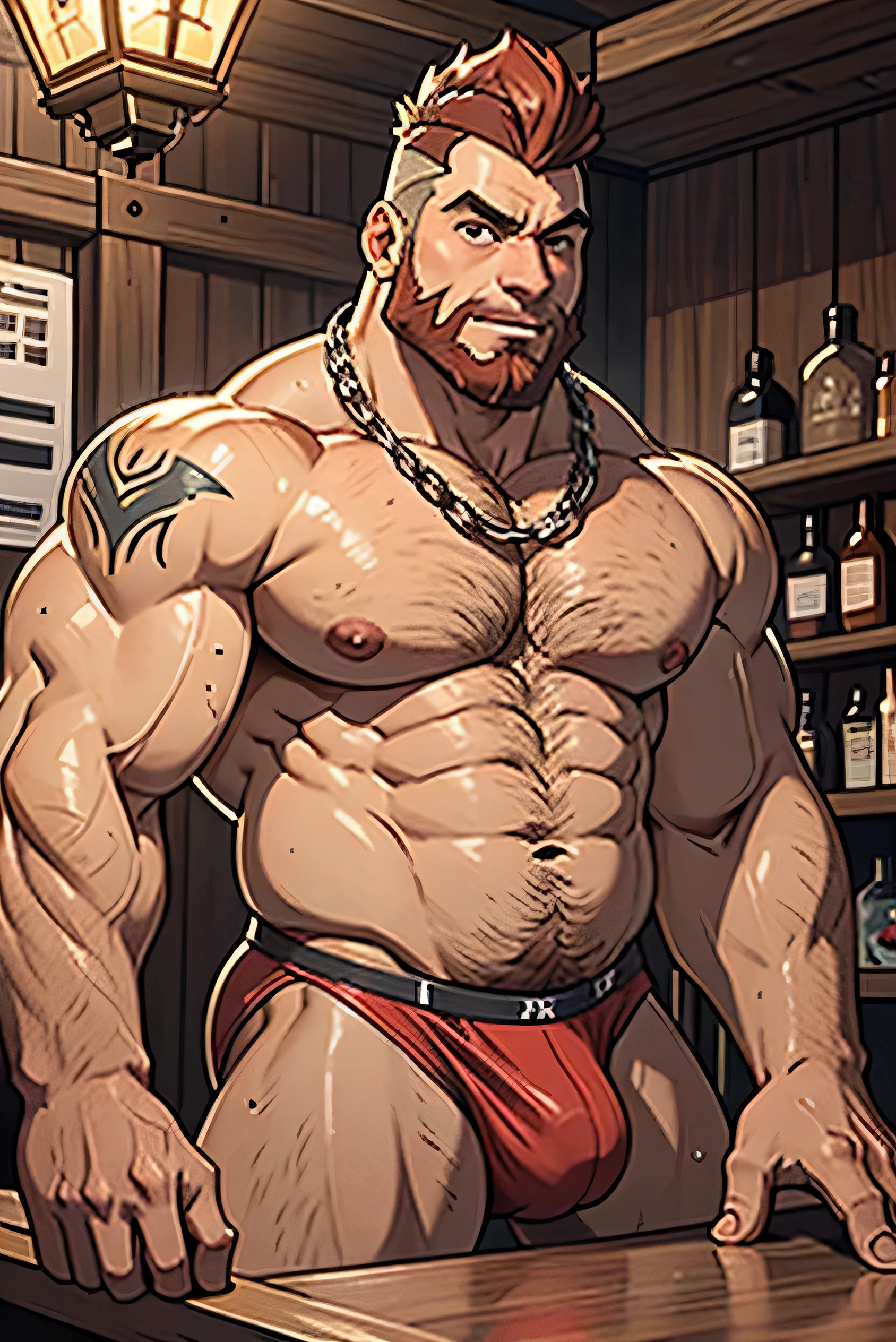 A hairy fat muscled man with a mohawk and a thick beard on all fours standing on a bar counter. He wears a red bandana, chains around his neck. He has tattoos and a circular barbell on his nipples. He wears no shirt revealing his large hairy pecs and hairy belly. He wears a jockstrap which has a bulge in the crotch, his hairy ass is exposed to view, The man is flushed and sweaty.