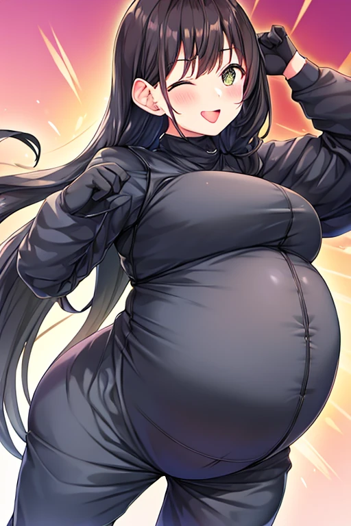 Rubber Suit、Black long boots、Laughing with tongue out、((Pregnant wome:1.3))n、blush