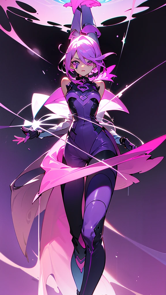 character with a bright pink suit and details in a dark purple tone. The character has short pink hair, partially covering your forehead and one eye. His eyes are big, with violet irises.
The suit is tight fitting and looks like light one-piece armor, covering the character's entire body from neck to feet.
### Suit Details:
1. **upper part:**
- The suit has a design in "in" reversed on chest and shoulders in dark purple.
- There are horizontal lines that cross the chest, also in dark purple.
2. **arms:**
- The forearms have extra protection in dark purple.
- Wears gloves that appear to have reinforced parts on the wrists.
3. **legs:**
- Knees are protected with dark purple padding.
- The thighs have a shaped design "in" inverted similar to that of the chest.
4. **HANDS AND FEET:**
- Gloves are pink with dark purple details.
- The boots are completely pink with dark purple soles.