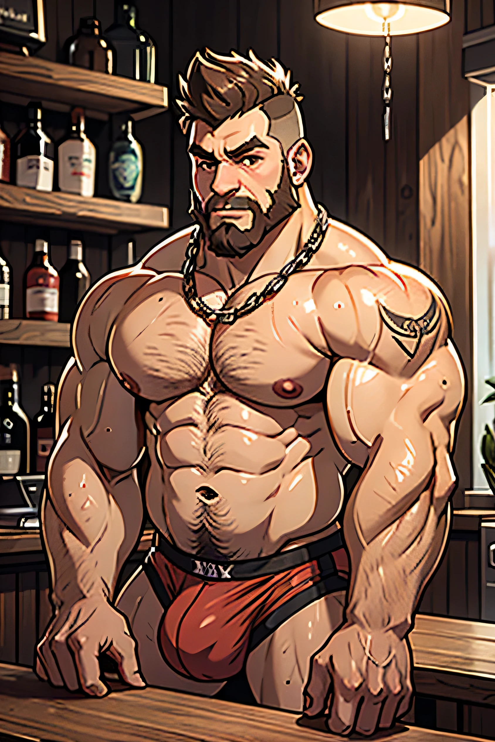 A hairy fat muscled man with a mohawk and a thick beard on all fours standing on a bar counter. He wears a red bandana, chains around his neck. He has tattoos and a circular barbell on his nipples. He wears no shirt revealing his large hairy pecs and hairy belly. He wears a jockstrap which has a bulge in the crotch, his hairy ass is exposed to view, The man is flushed and sweaty.