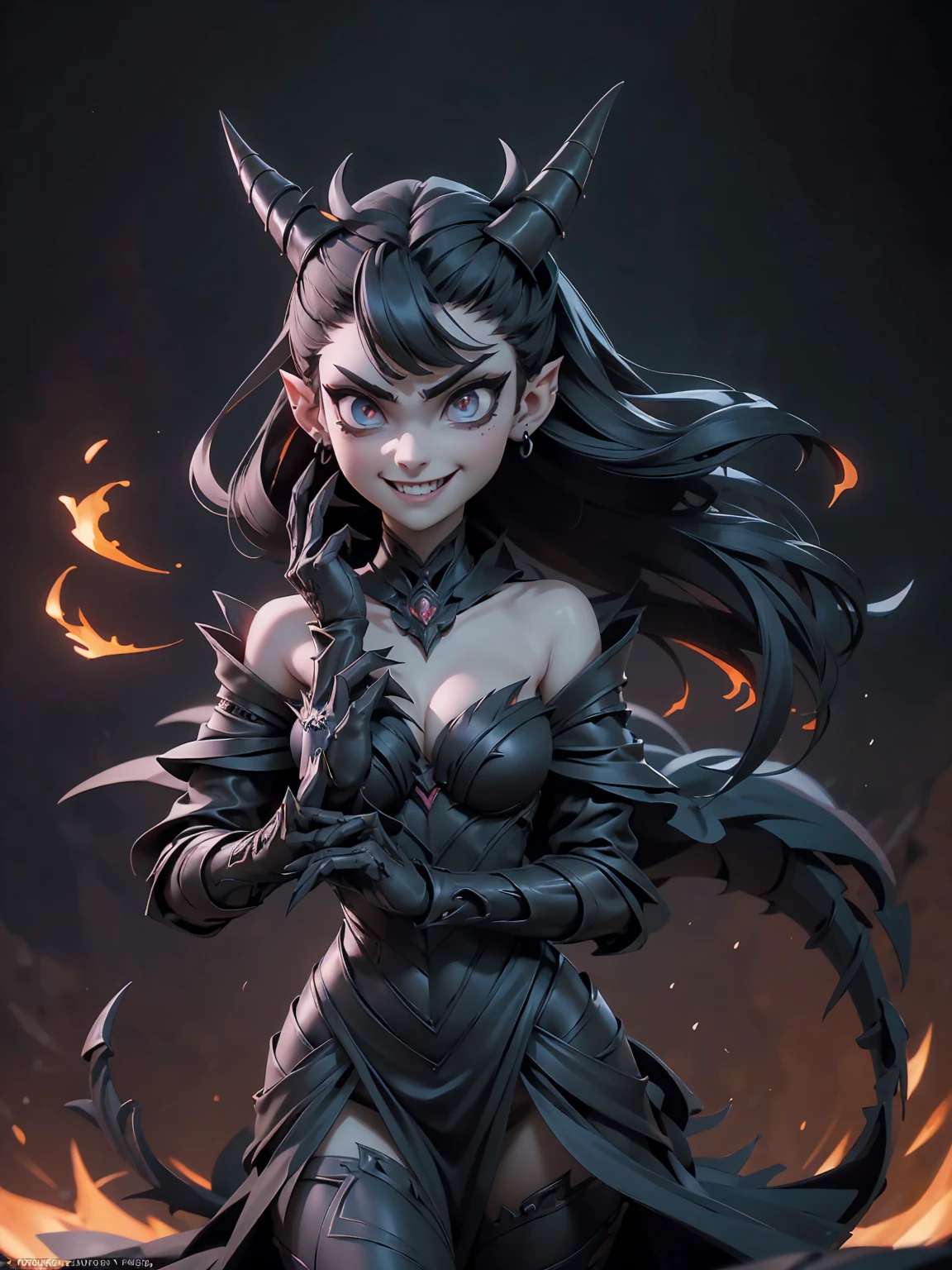 (((masterpiece, best quality, high detailed, 16k))) (1girl) A demonic girl with a dark and menacing aura, adorned with sharp, curved horns protruding from her head. Her piercing, glowing eyes burn with an infernal fire, exuding both power and malevolence. She has long, sinuous demon wings that stretch out menacingly behind her, and her hands end in long, razor-sharp claws. She wears black, demonic armor, intricately detailed with infernal runes and designs, offering both protection and a terrifying presence. Her fanged smile reveals a predatory nature, and her presence exudes an aura of fear and dominance. ((full body view))