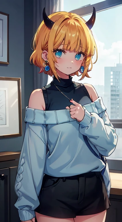 masterpiece, hightquality, Hi-Res, MEMcho, Indoors,,1 persons,1girl in,short-cut,The shirt, off shoulders, off-the-shoulder sweater, (((Light blue sweater:1.2))),Light blue sweater,Shoulder out, (small horn), (:3:1.2), Black sleeveless shirt, Black High Neck Sleeveless Shirt, Black shirt, Sweaters, Sweater sleeve wrist too much, hoop earings,cowboy shot,full bodyesbian,
