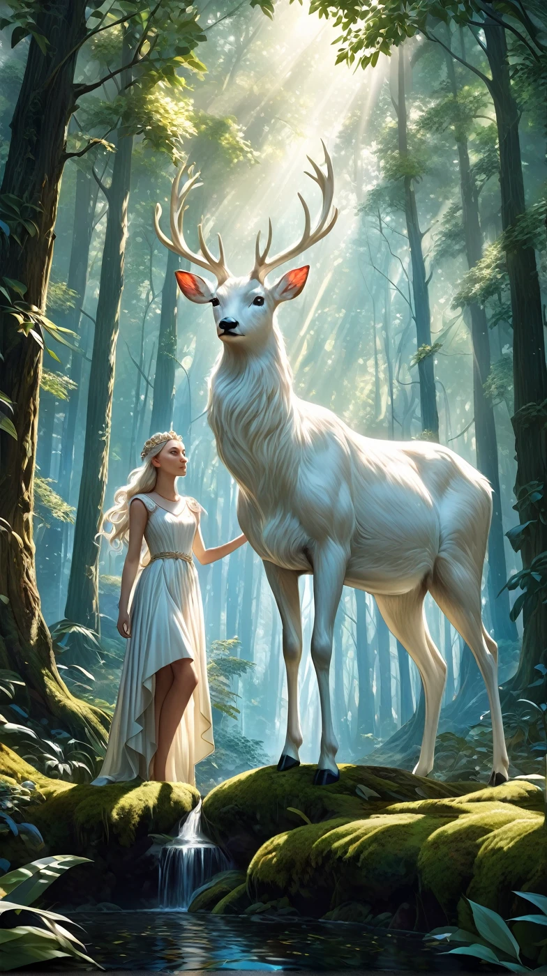 a highly detailed and realistic digital art 8k wallpaper, a masterpiece, the highest quality, extremely detailed CG unity, the most beautiful detailed shine, an encounter with a pure white deer in a forest, a conversation with the pure princess, dark and surreal, realistic lighting, by the artist Peter Mohr Bacher