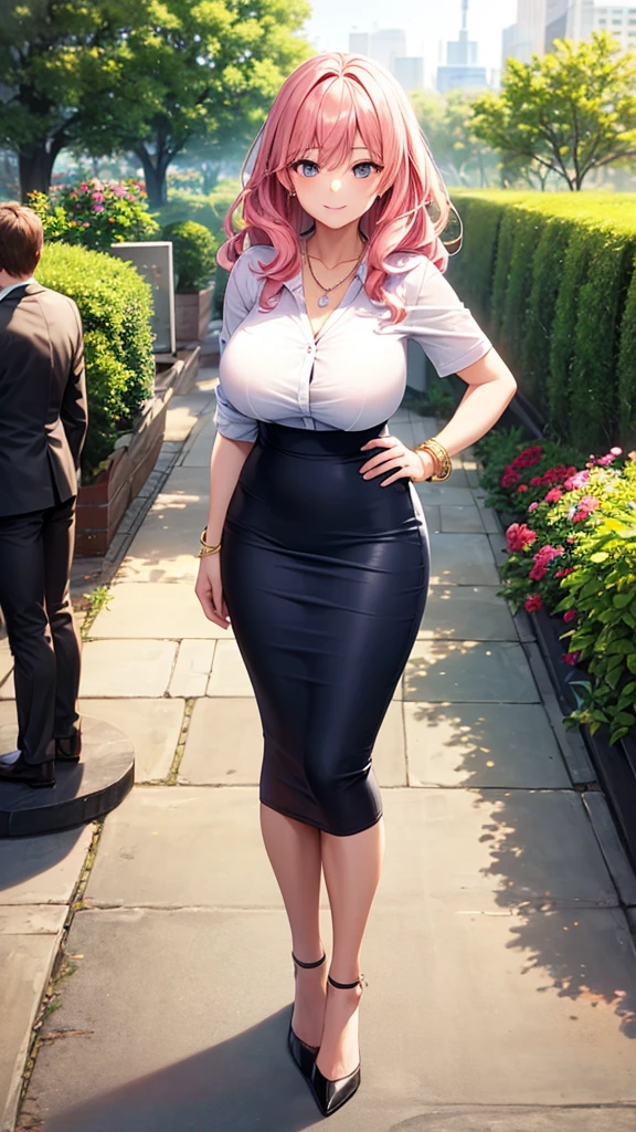 masterpiece, best quality, 1girl, beautiful business woman with wavy hair, pink hair, large bust, wearing white button shirt and blue midi pencil skirt, short sleeves, heels, necklace, bracelet, summer, garden in the city, looking at viewer, light smile, full body, hand on hip,