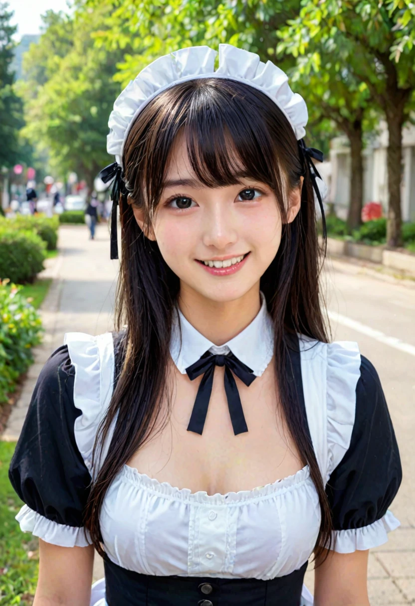score_9, score_8_up, score_7_up, HD, HDR, 8K, 4K, 1girl, japanese girl, cute, kawaii, beautiful face, perfect face, perfect body, smile, maid, maid suits, black pleated skirt, detailed eyes, shiny skin, standing, medium breasts, skinny, upper body, face focus, depth of field, simple background, outdoors, looking at viewer, jpn-girl, extremely detailed
