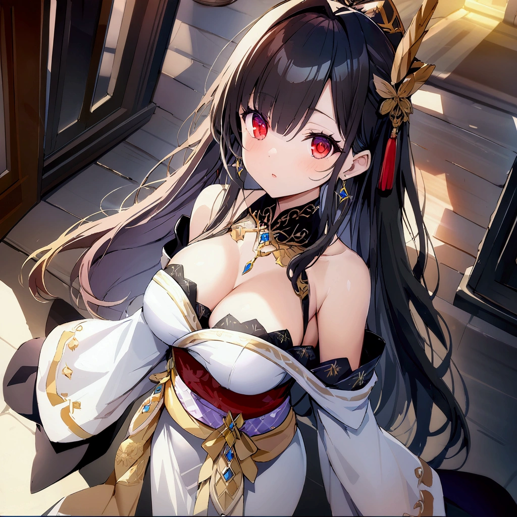 best quality), (exquisite eyes: 1.2), ((1fille)), ((bare)), (red eyes:1.4), (exquisite eyes and exquisite face:1.3), ( Fond beau et clair: 1.2), (Extremely detailed CG, Super detailed, Best Shadows: 1.1), ((depth of field)), ((aquarel)), (oni: 1.5), (kimono: 1.3), tetas grandes , Bare shoulders, fat , plan large