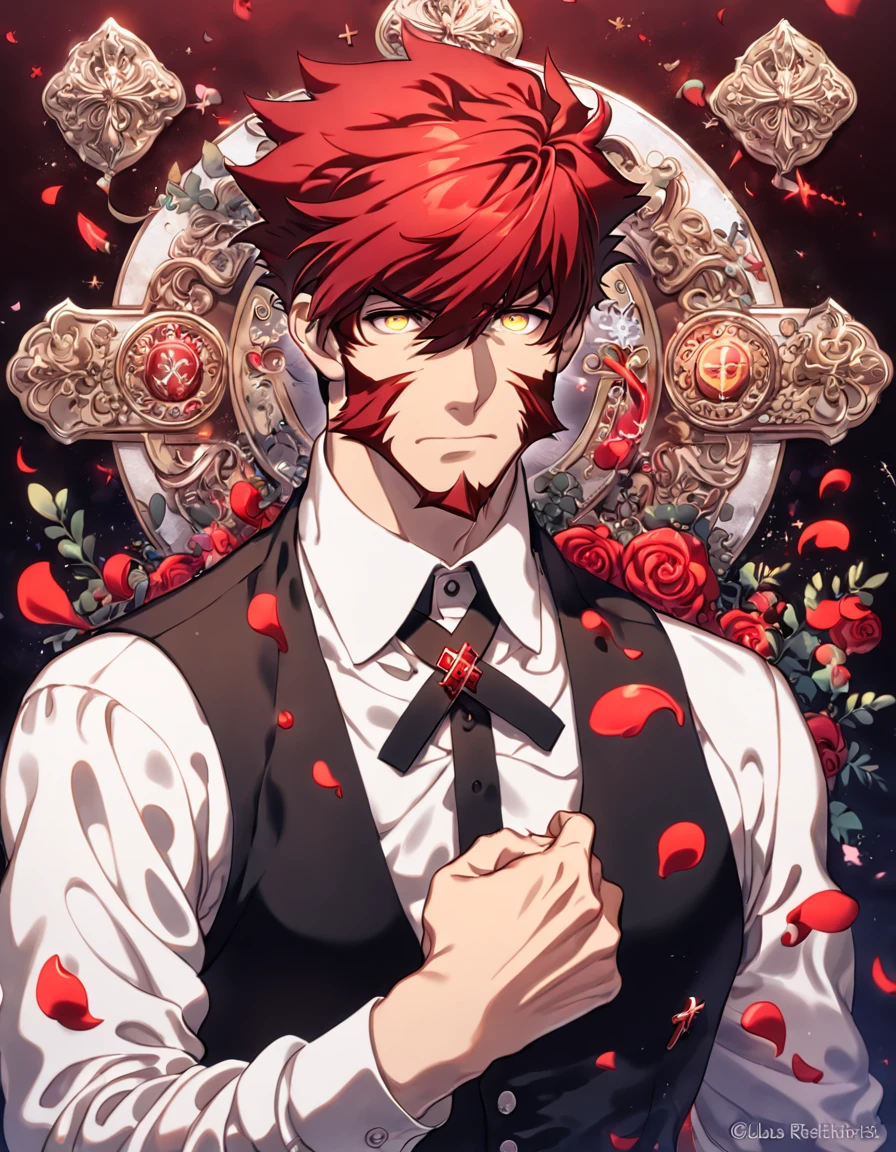 absurdres, highres, ultra detailed, HDR, master piece, best quality, extremely detailed face and eyes, Klaus Von Reinhertz, red hair, expressive yellow eyes, Kekkai Sensen, solo, sexy man, handsome, white shirt, black vest, cross, red butterflies, petals, magical, red roses, fantasy