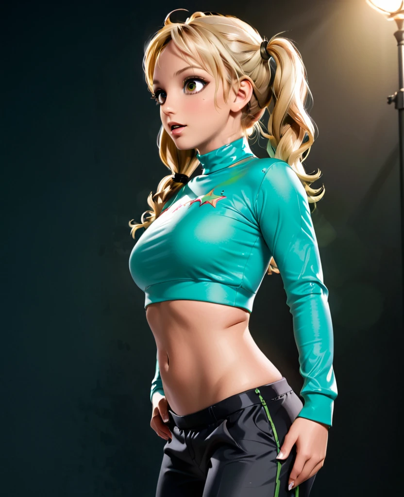 Britney Spears masterpiece, best quality, high res, photoshoot, side lighting, wallpaper, masterpiece, best quality, highres, looking at viewer, Hd quality, 4k, high resolution, Britney Spears blonde with 2 pigtails , Green Satin Top With Long Sleeves,, Black Low-Waisted Pants,