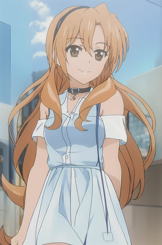 kouko, 1 girl, Alone, long_cabhelo, short_cabhelo, abcerada_boca, Brown_cabhelo, dress_blue_ciheo, Brown_eyes, jewelry, aboveper_body, braid, outdoor, collar_white, orange_cabhelo, alternate_cabhelostyle, during, cabhelo_above, smiling, look_toward_he_Forehead_their_eyes, Beautiful