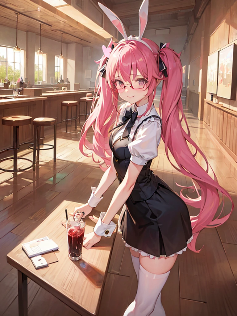 One girl, Pink long twin tails, High resolution, Bunny ears, A shy smile, White Bunny Girl,In the background is a casino with a tray of glasses in one hand.,I'm not wearing glasses