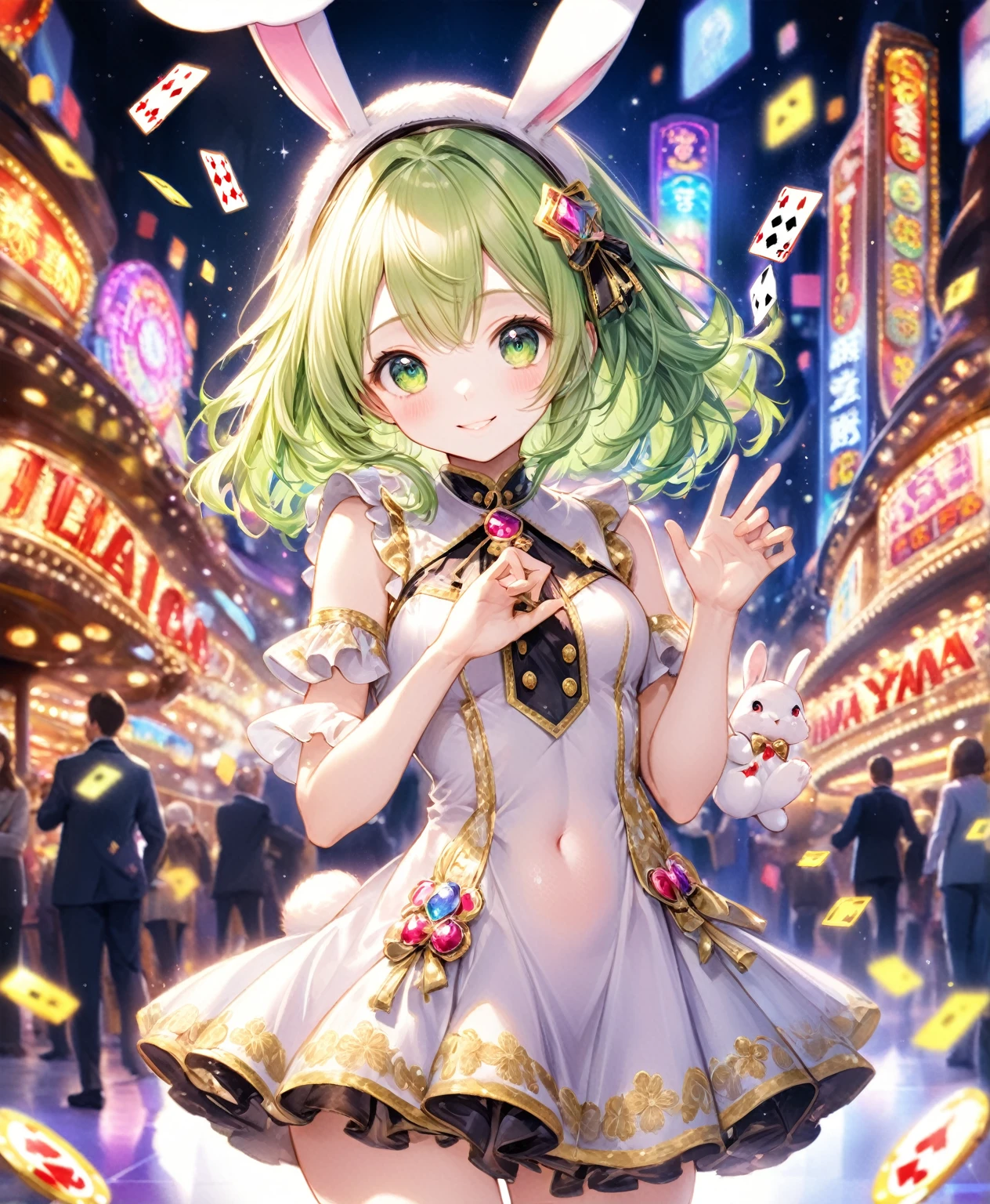 (Highest quality, 8k, 32K, masterpiece, Ultra-high resolution,:1.2),to be born, One Girl,So cute , Casino-like fantasy background, clear, Shining Eyes, Age 25 ,Fair skin, green hair, Fantasy Clothing, Hair, An innocent smile, Small Dress, night, Bunny girl, Rabbit Ears,Nyan Nyan Pose,sexly,Colorful costumes