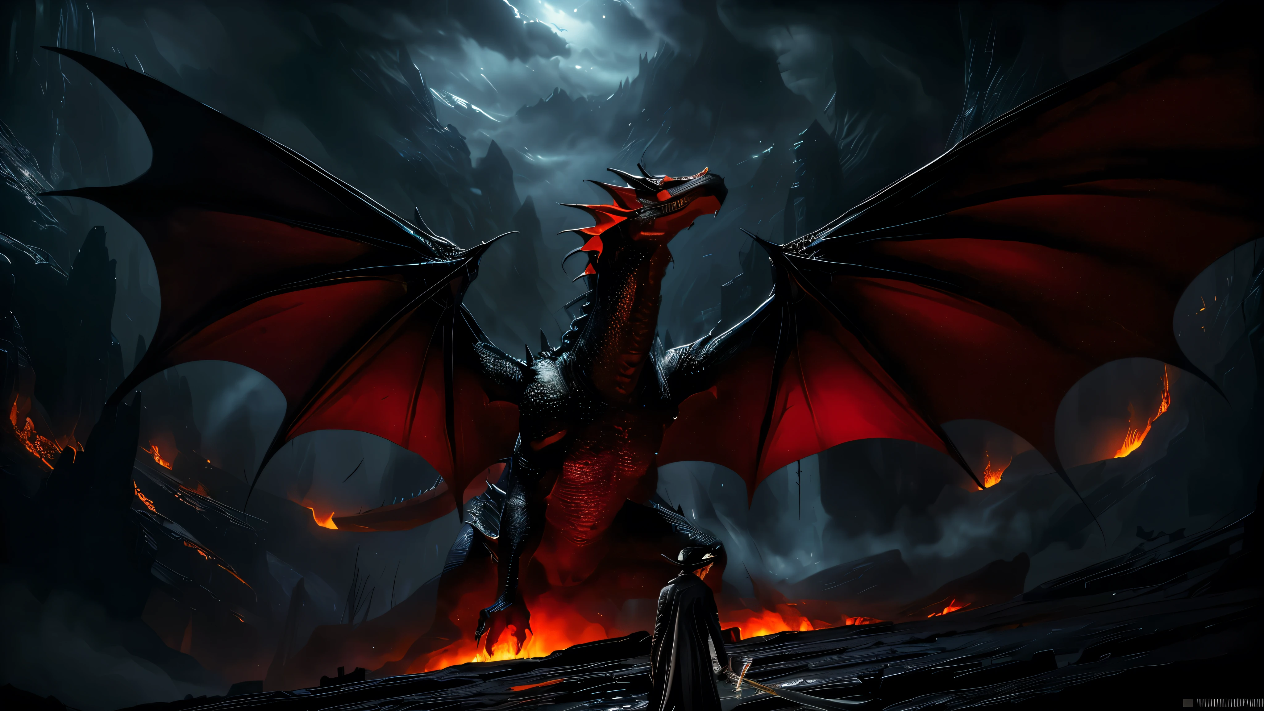 masterpiece, best quality, extremely detailed, hyperrealistic, photorealistic, a cool 40s man, ultra detailed face:1.2, black hat with feathers, holding black long sword, in dark cave, stark, ominous atmosphere