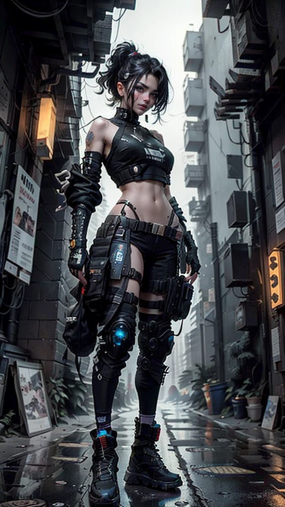 ((Best quality)), ((masterpiece)), (highly detailed:1.3), 3D, beautiful (cyberpunk:1.3) street samurai woman with thick shapeless hair, pistols worn on hips.