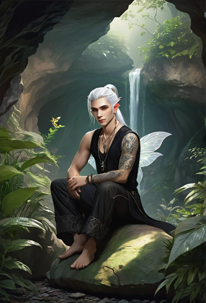 A male fairy,very handsome,young,(full body),he has big black translucent wings,elf ears, black open shirt,he has his white hair in a ponytail,he wears earrings,he has a tattoo on his chest,a lizard sits on his shoulder, he's in a cave,vegetation surrounding the stone-made cave,the gentle mist creates a magical and mysterious atmosphere