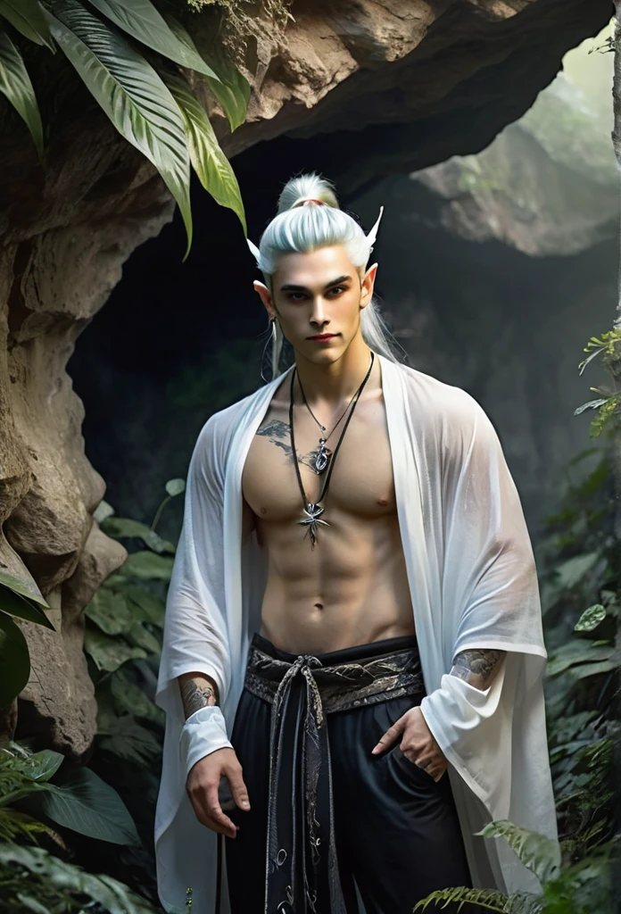 A male fairy,very handsome,young,(full body),he has big black translucent wings,elf ears, black open shirt,he has his white hair in a ponytail,he wears earrings,he has a tattoo on his chest,a lizard sits on his shoulder, he's in a cave,vegetation surrounding the stone-made cave,the gentle mist creates a magical and mysterious atmosphere 